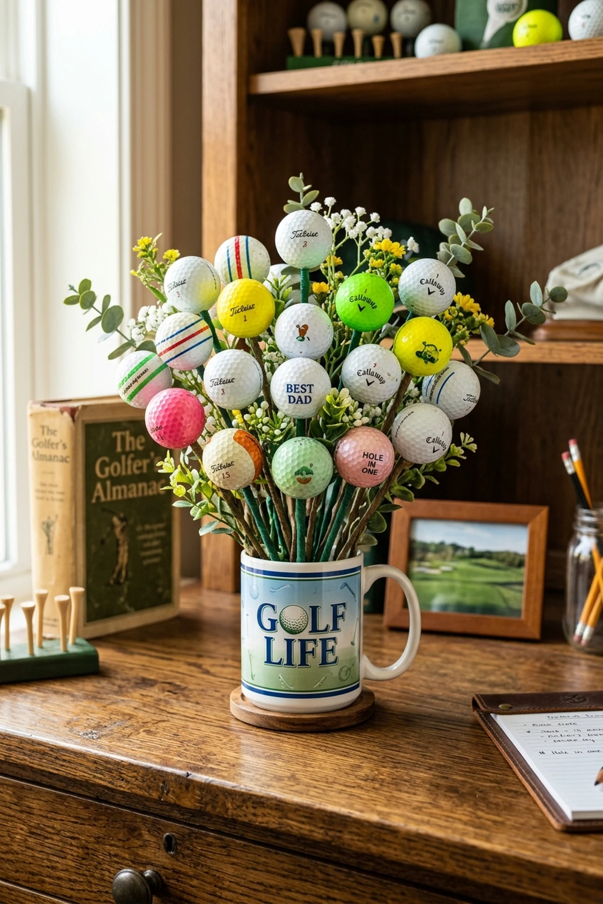 DIY golf ball bouquet arrangement ideas for golfer gift desk display (AI Generated Image)