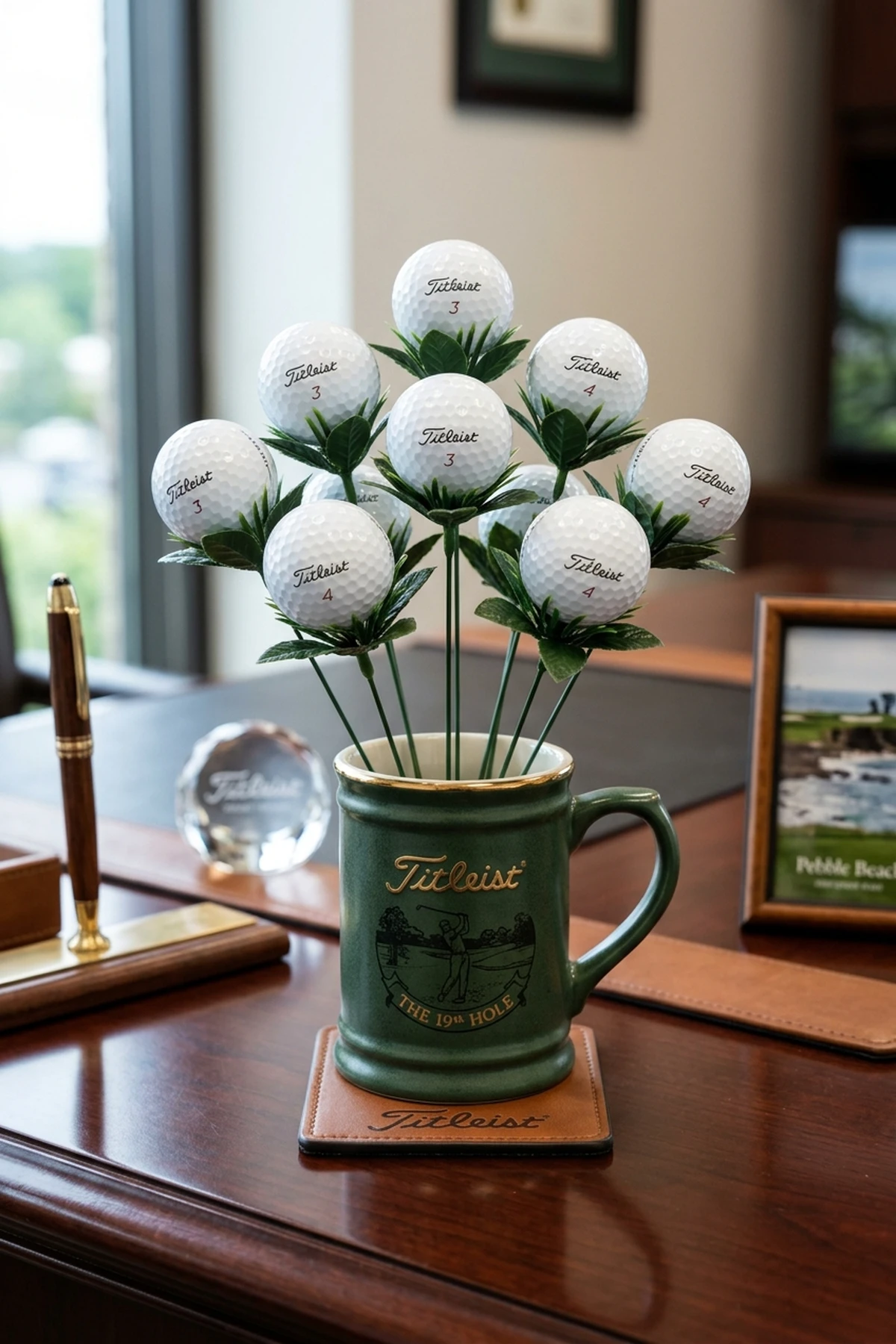 Classic Ceramic Golf Mug Base with Titleist Pro V1 Balls for golf ball bouquet (AI Generated Image)