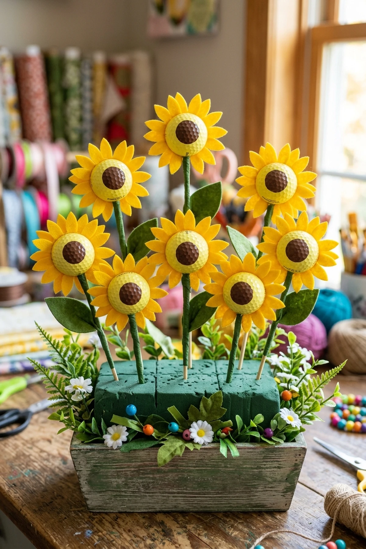 Matte Yellow Golf Ball Sunflowers in Floral Foam Blocks for golf ball bouquet (AI Generated Image)