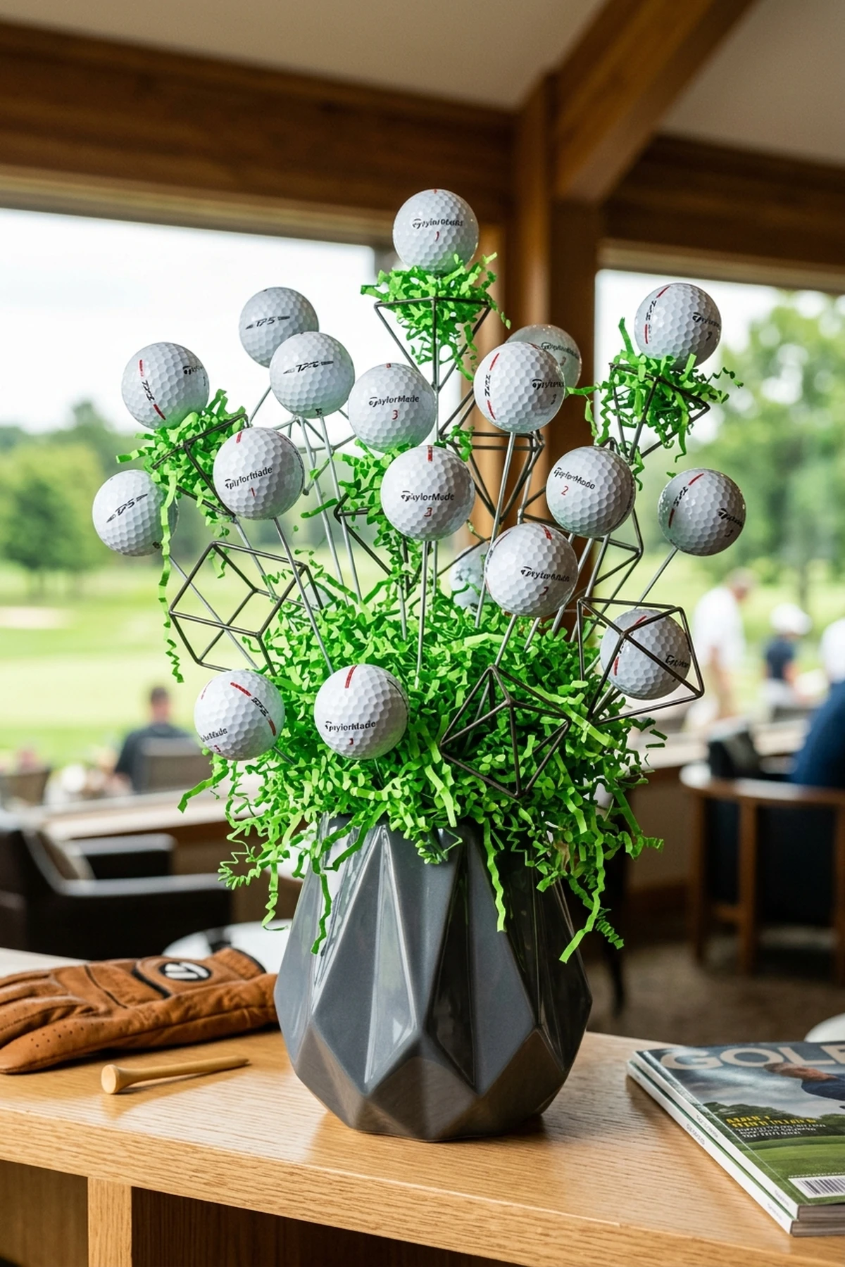 Geometric TaylorMade TP5 Accent Stems with Crinkle Shred for golf ball bouquet (AI Generated Image)
