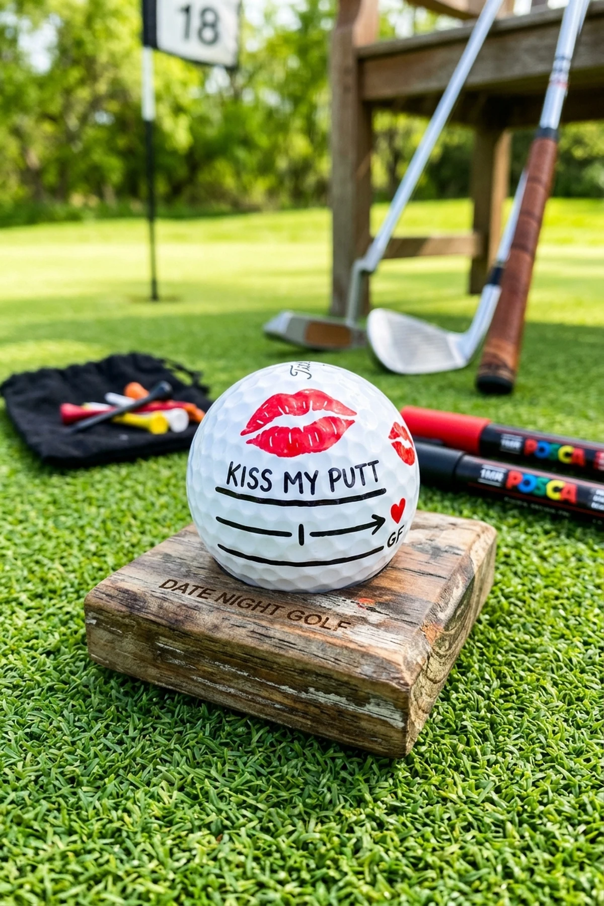 10 Cute DIY Sharpie Golf Ball Designs for Your Boyfriend 5 The 'Kiss My Putt' Lip Print & Target Line for golf ball desings sharpie for boyfriend (AI Generated Image)