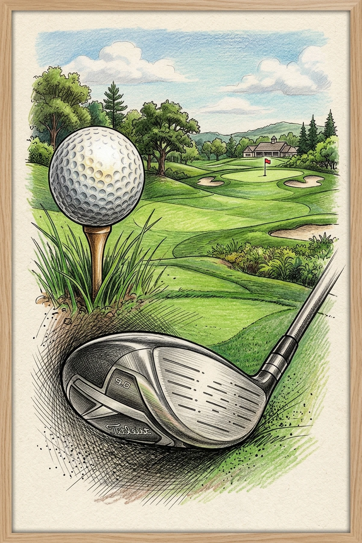 Golf Ball with Golf Club & Green Landscape - golf ball drawing (AI Generated Image)