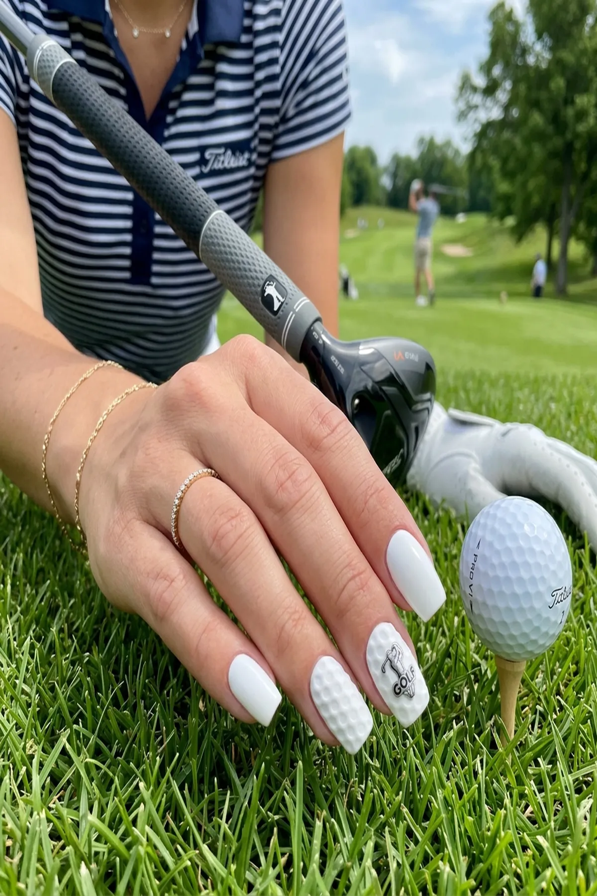 3D Textured Golf Ball Accent Nails with White Gel Base - golf nails (AI Generated Image)