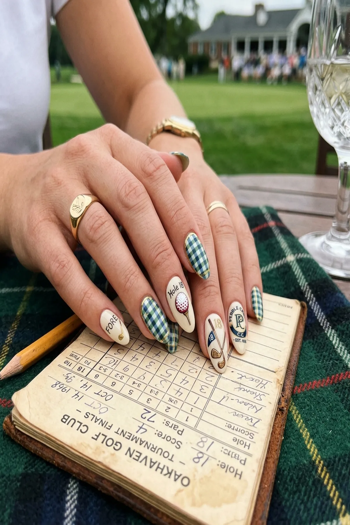 Vintage Scorecard & Lawn Checkered Accent Golf Nails - golf nails (AI Generated Image)