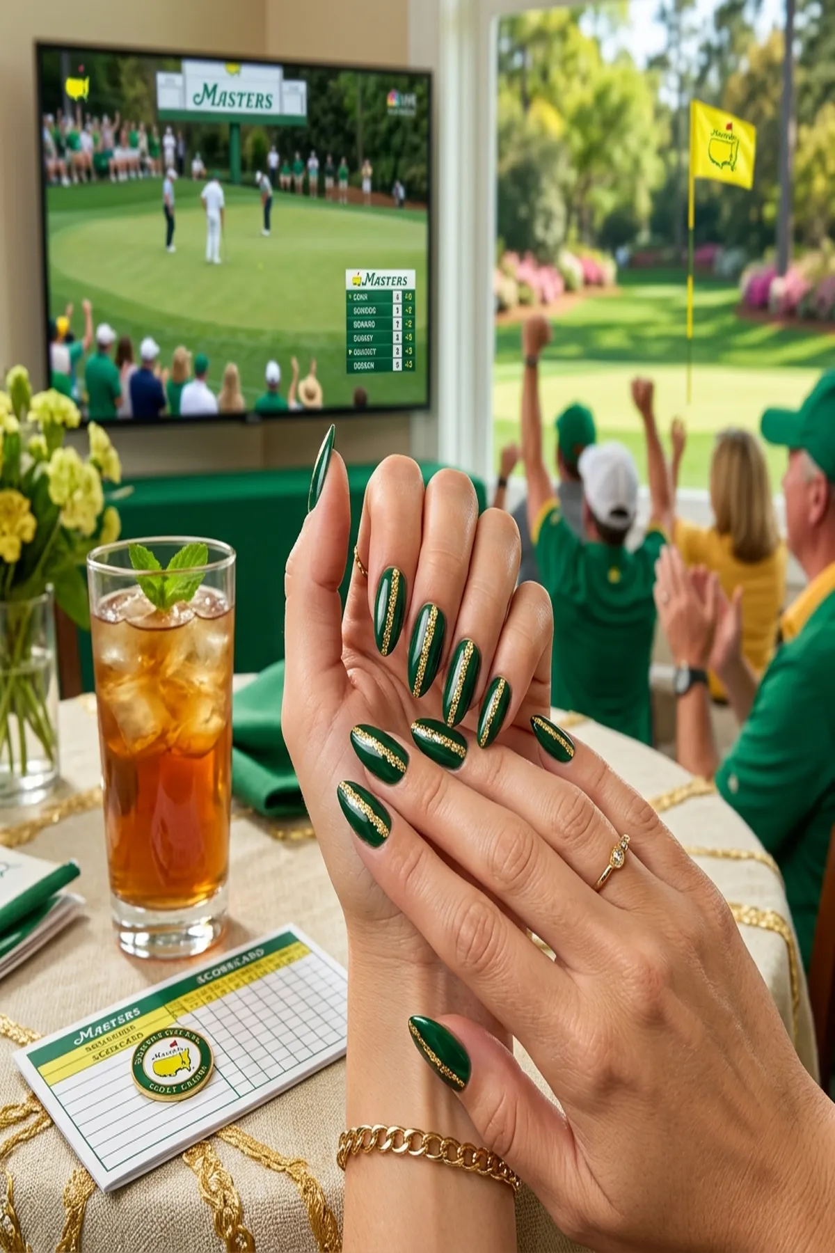 Masters Green & Encapsulated Gold Leaf Fairway Line Accent Nails - golf nails (AI Generated Image)
