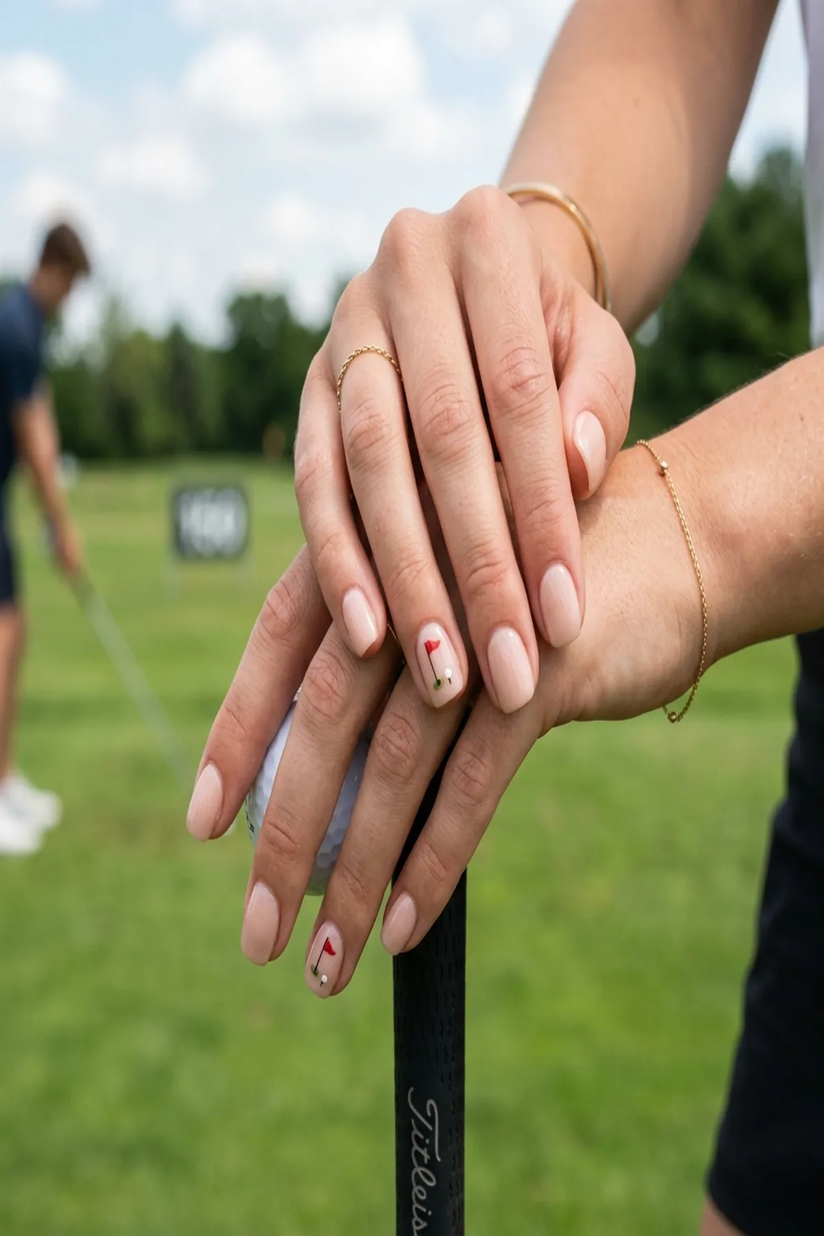 Minimalist Nude Base with Micro Golf Flag & Tee Decals - golf nails (AI Generated Image)
