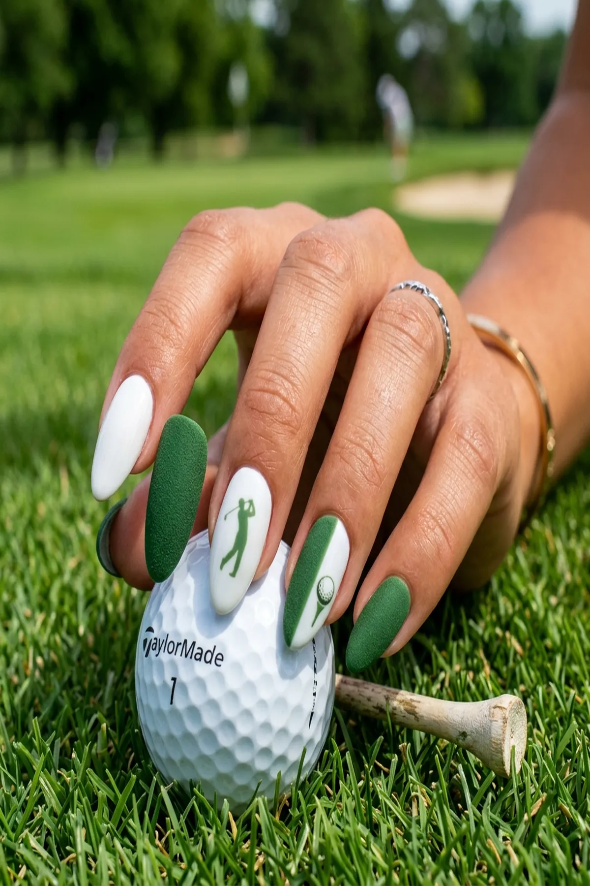 High-Gloss White & Matte Turf Contrast Golf Nails - golf nails (AI Generated Image)