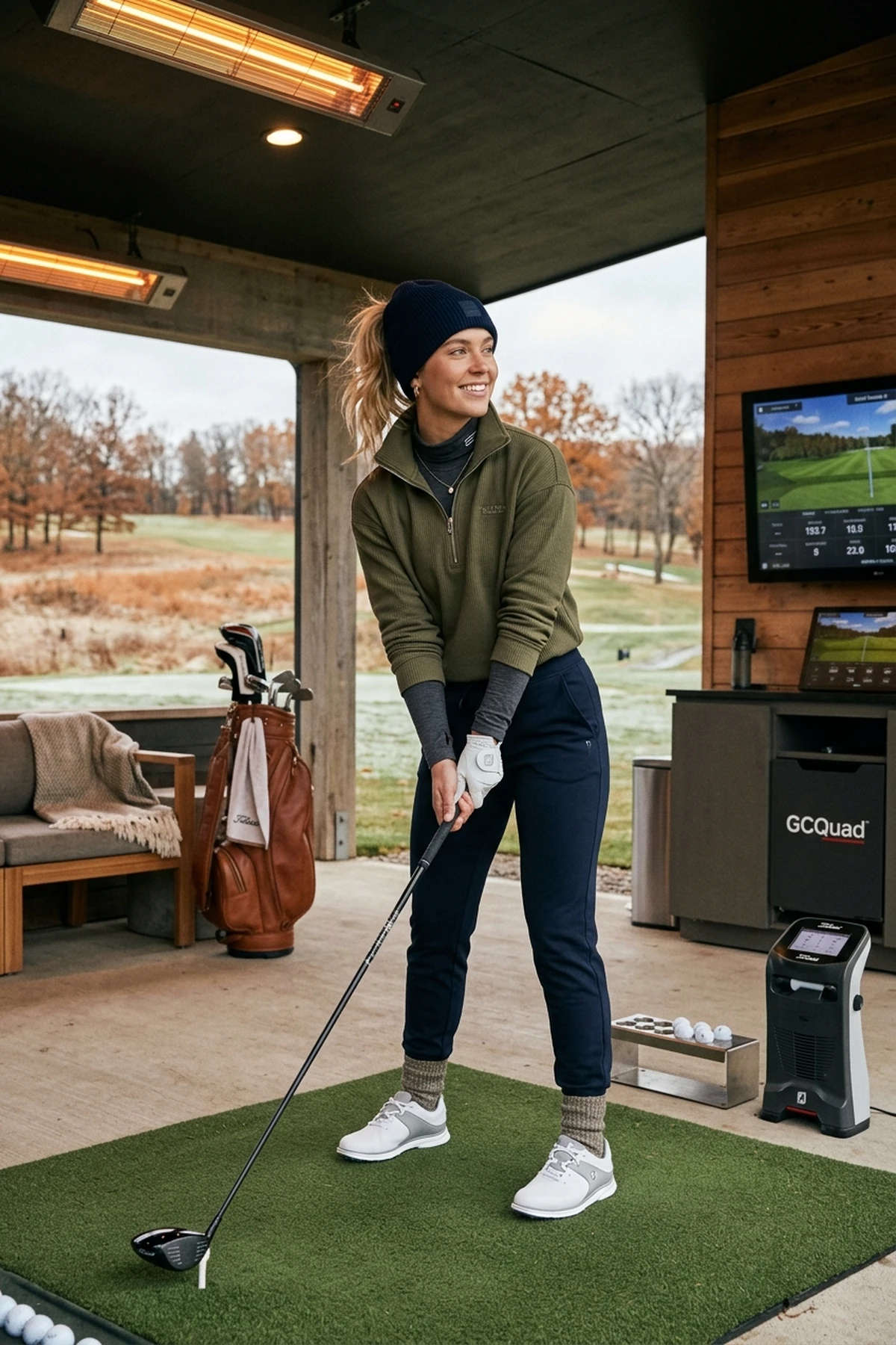 Layered Micro-Climate Outfit with Quarter-Zip Pullover - top golf outfits women (AI Generated Image)