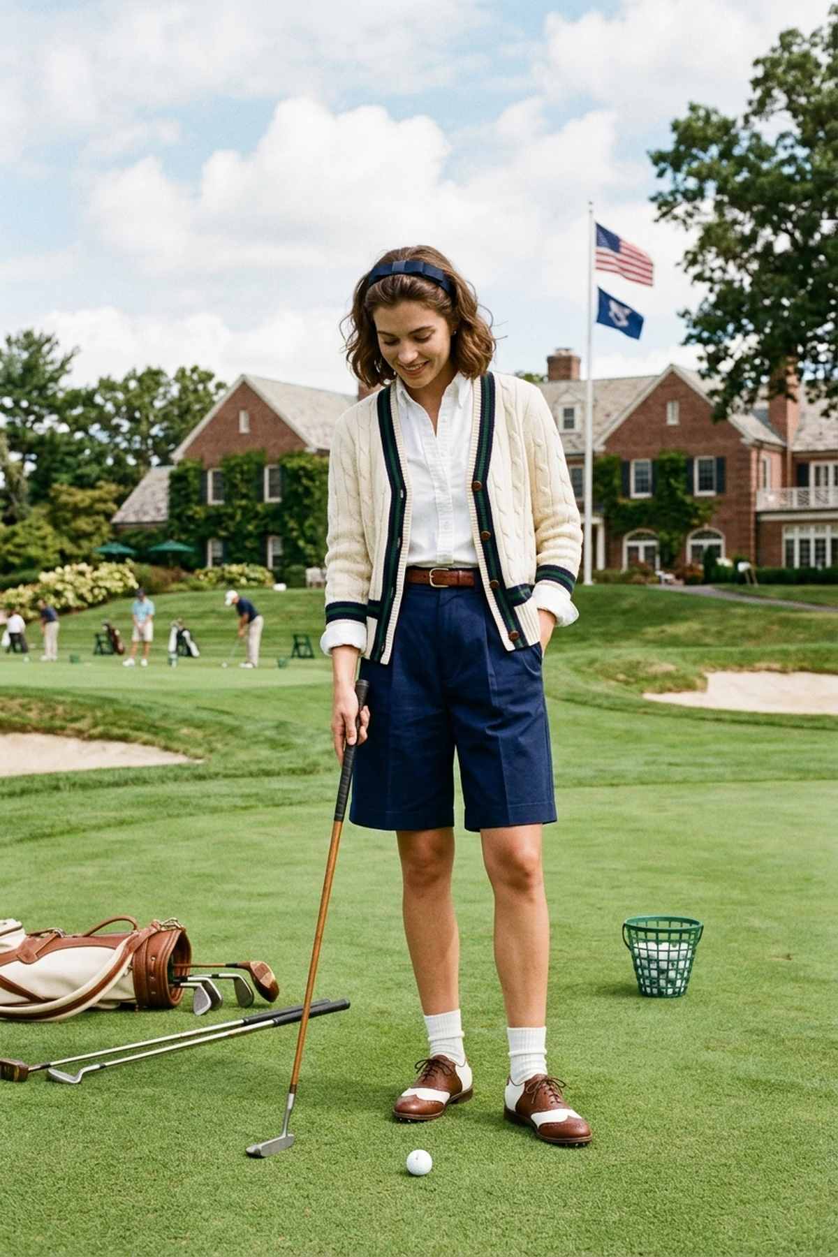Retro Country Club Cardigan & High-Waisted Tailored Shorts - top golf outfits women (AI Generated Image)