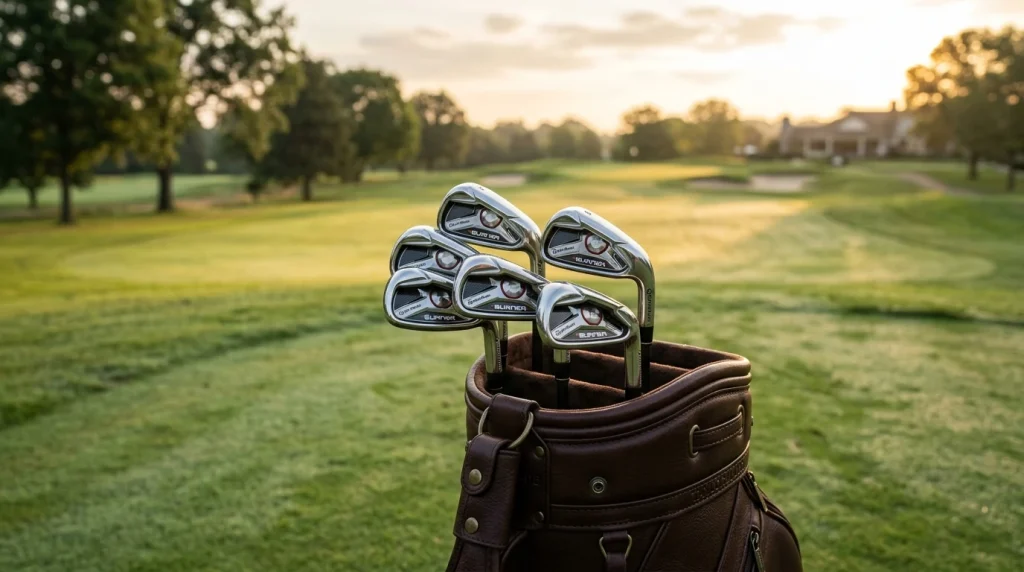 TaylorMade Burner Irons set in leather golf bag on fairway